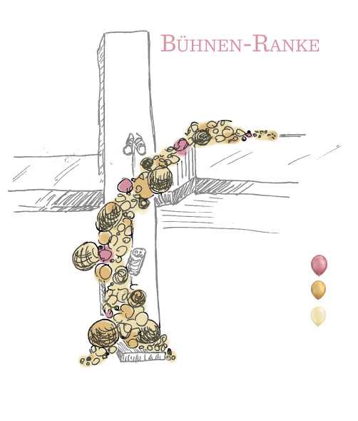 Eine Illustration eines Kreuzes mit Luftballons, eine Umrisse eines Gebäudes und Ballons darüber.