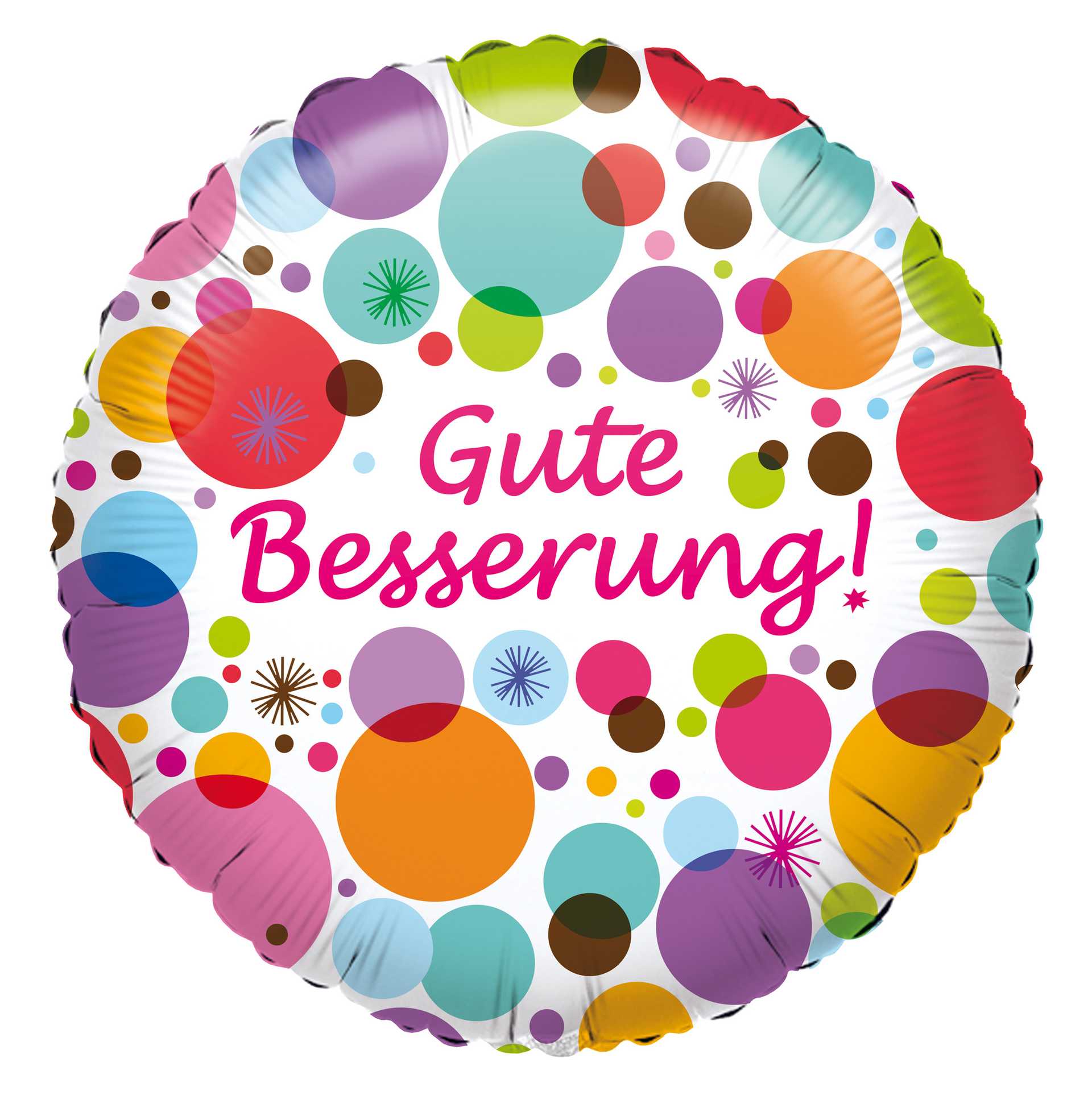 Ein Ballon mit der Aufschrift "Gute Besserung" in bunten Punkten.
